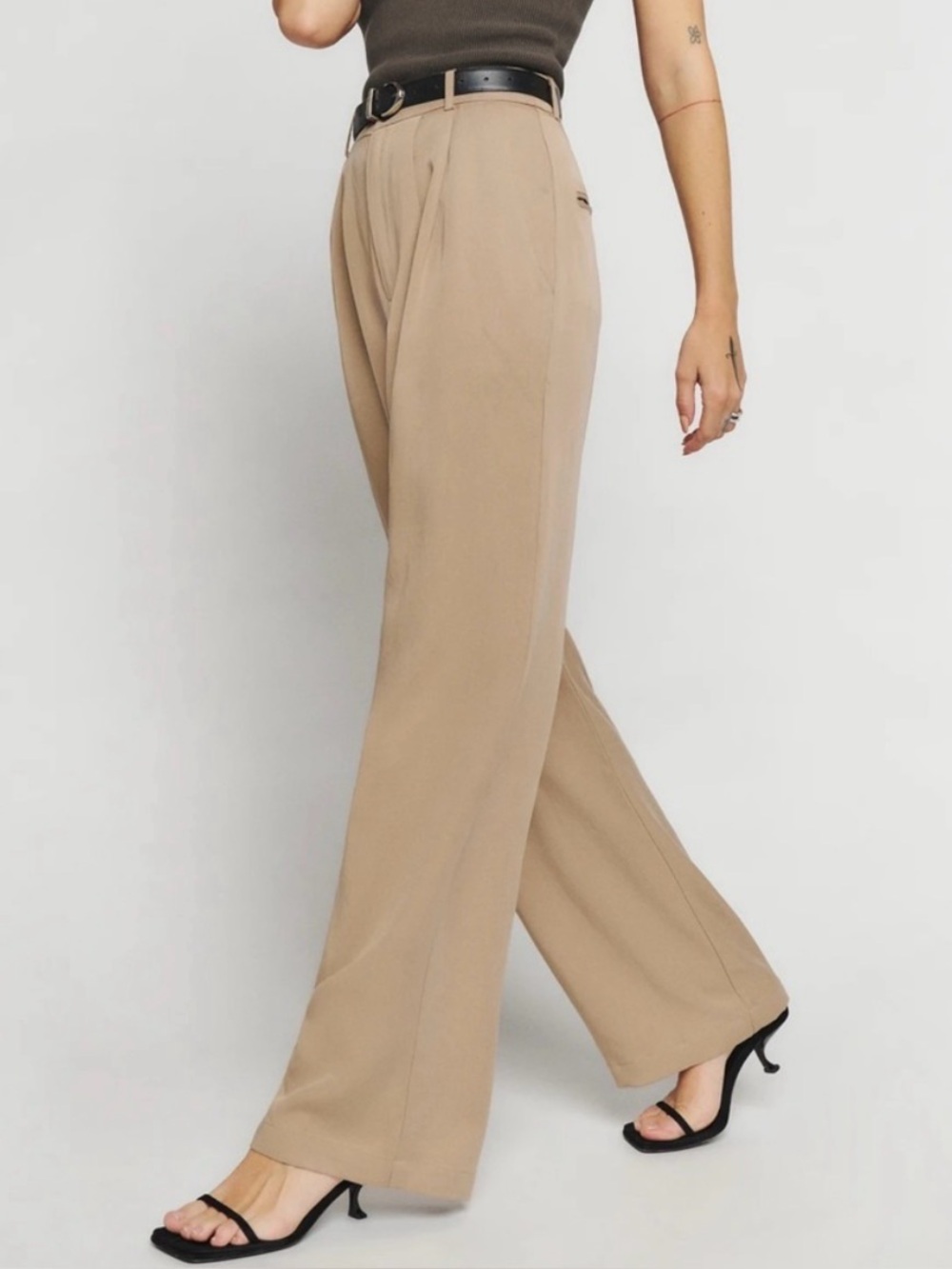 Reformation Mason Pant Khaki High Rise Pleated Wide Leg Tencel Trousers Size 6